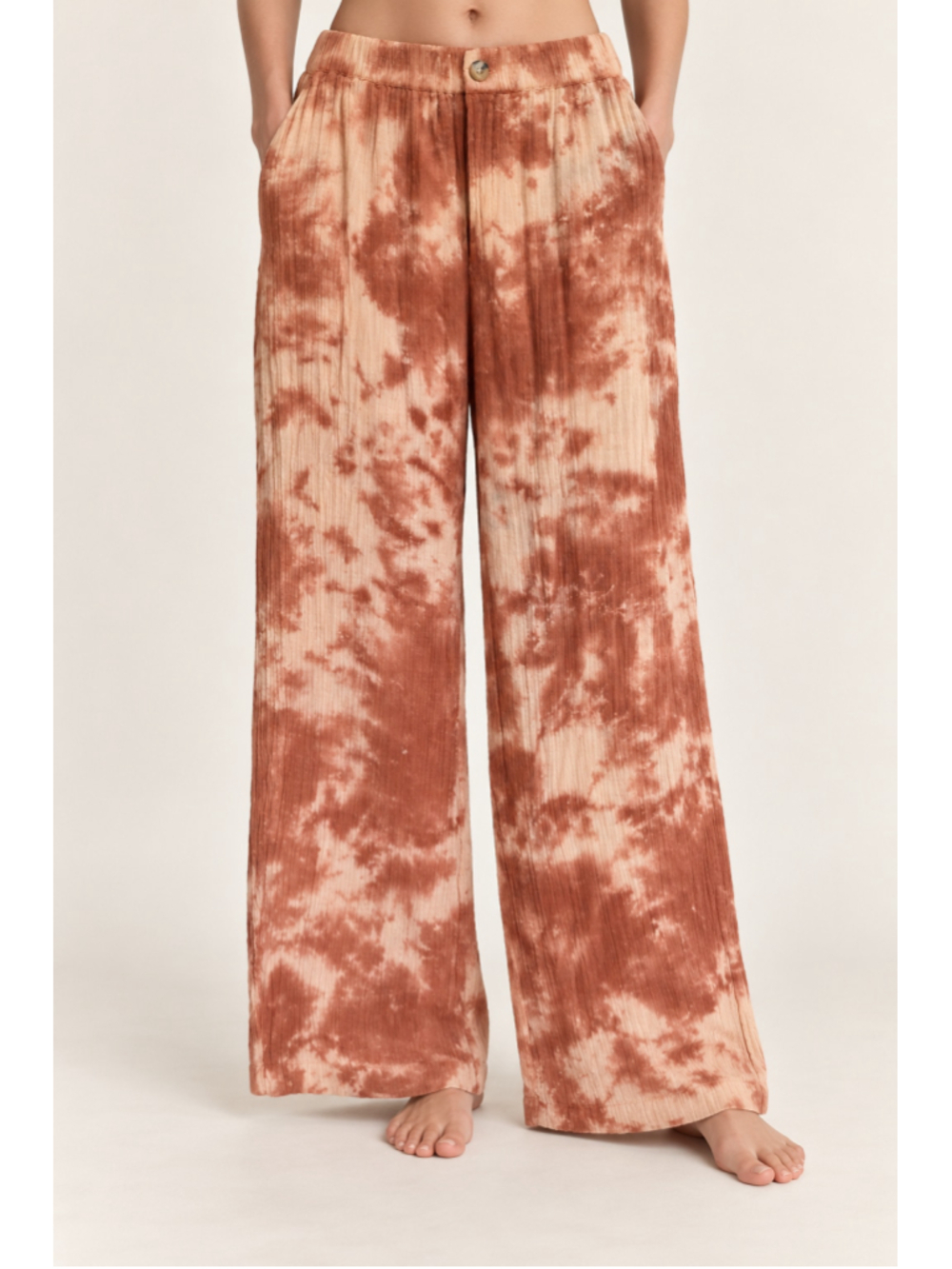 Wonderly Tie Dye Wide Leg Pants Cotton Gauze Boho Coastal Beachy Festival Earthy